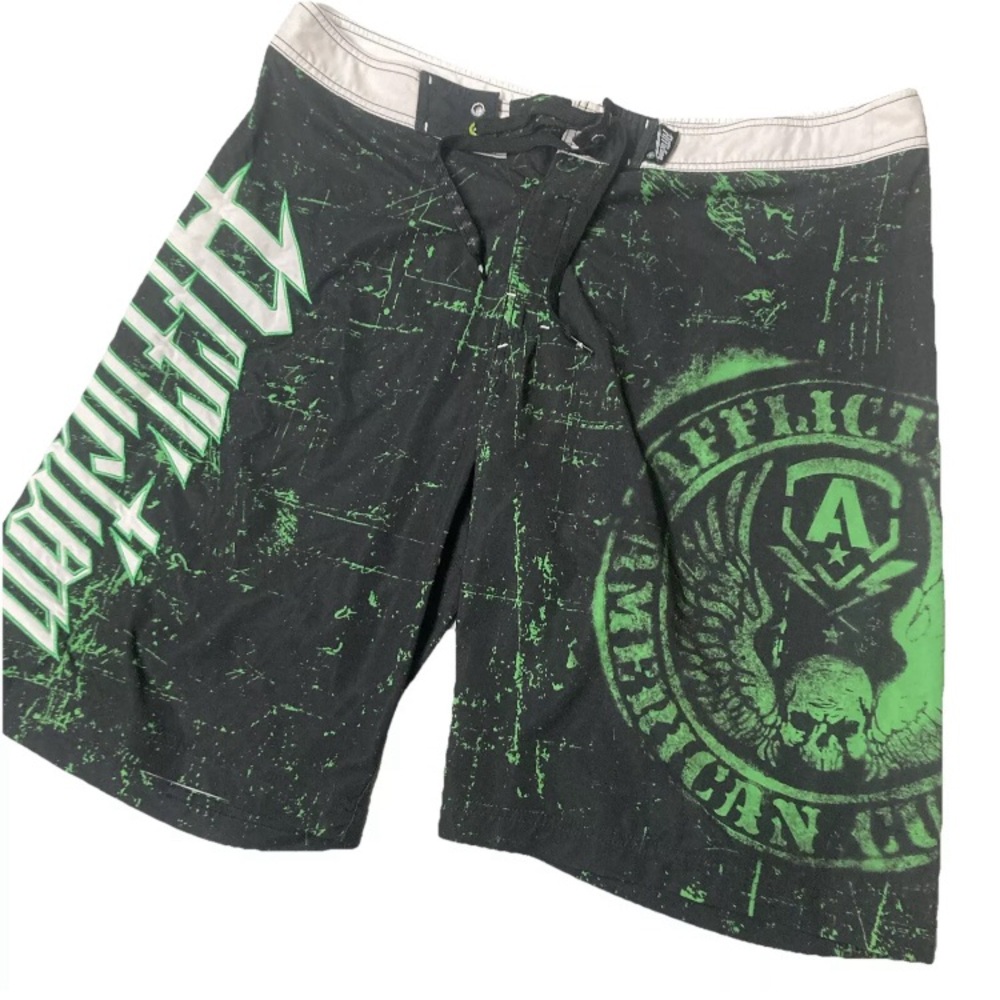 Affliction Combat Shorts MMA Green Graphic Logo Size 38 Men’s Jiu Jitsu Fighter